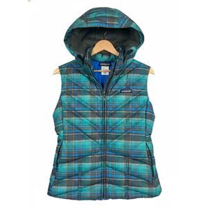 Patagonia Womens M Outdoors Sustainable Goose Down Plaid Hooded Puffer Vest